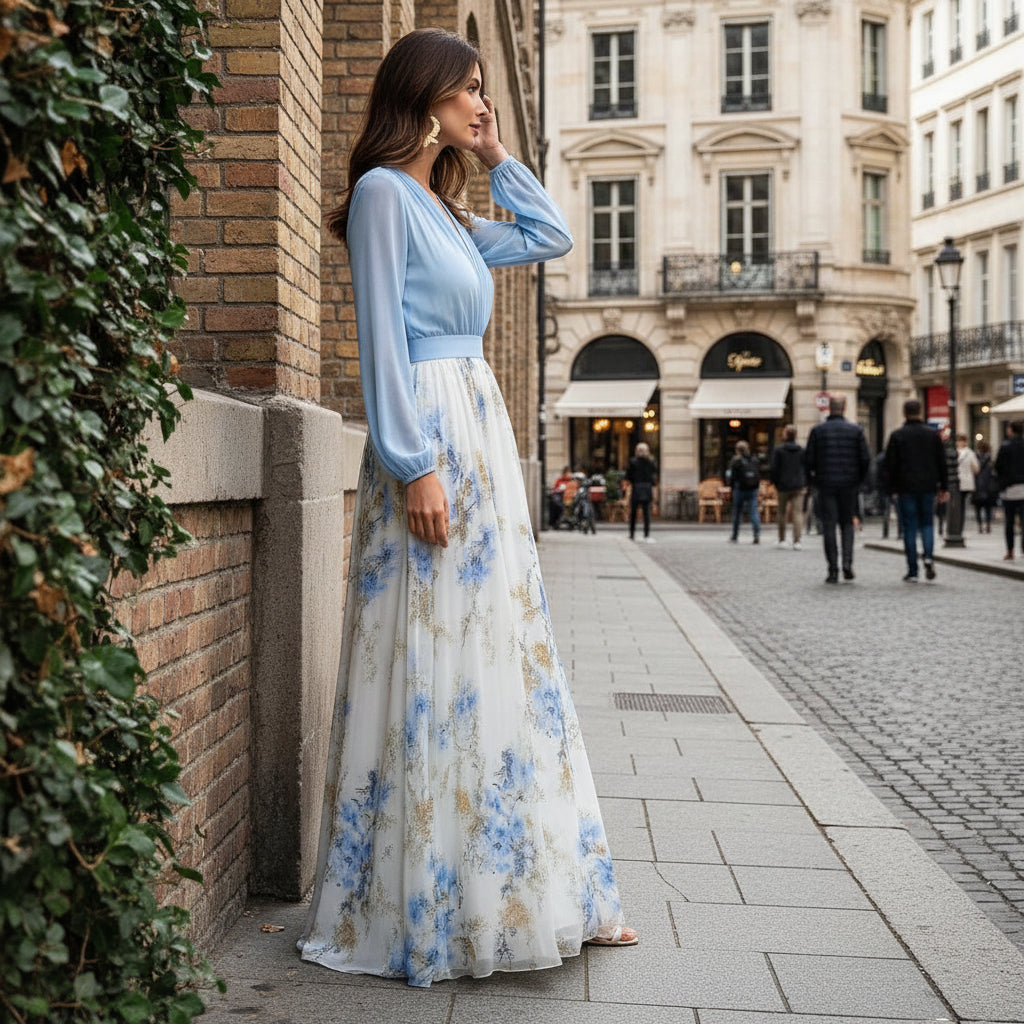 Floral Maxi Dress With Deep V Sheer Sleeves