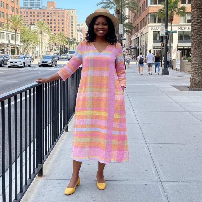 Relaxed Stripe Midi Dress with V-Neck