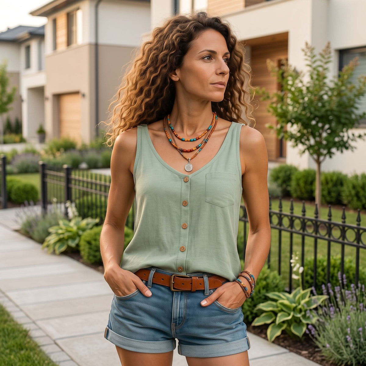 Sleeveless V-Neck Button Detail Top