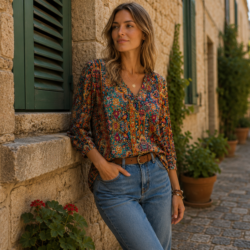 Floral Bohemian V-Neck Blouse for Casual Elegance