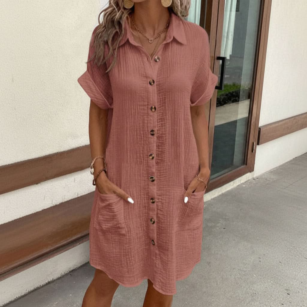 Casual Cotton Shirt Dress with Button Placket and Functional Pockets 5