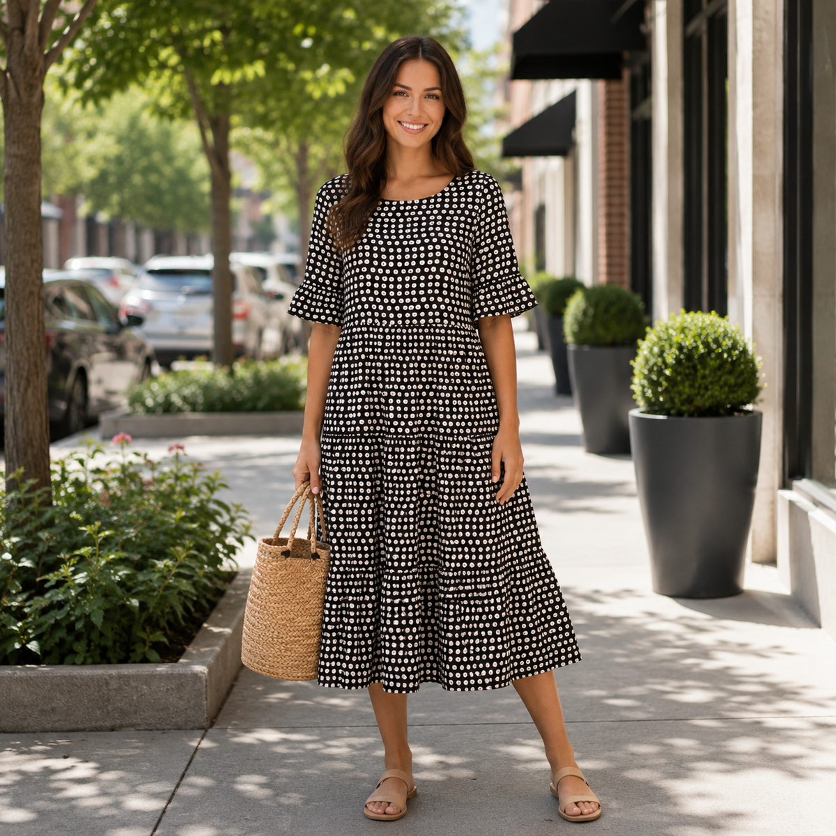 Elegant Midi Dress with Flowing Tiered Silhouette