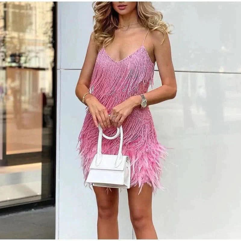 Elegant Mini Evening Dress with Sequined Fabric and Feather Trim for Summer Events 7