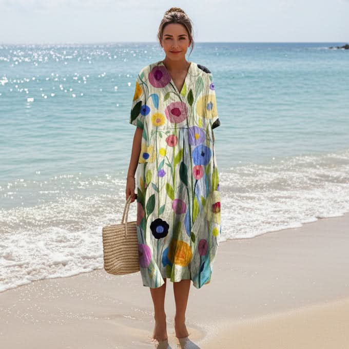 Floral Maxi Dress - Lightweight Summer Dress with V-Neckline & Short Sleeves 4