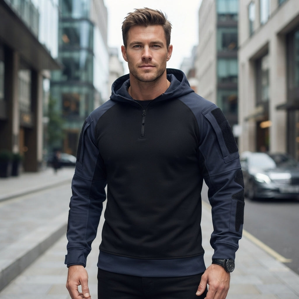 Hooded Contrast Sleeve Half Zip Pullover