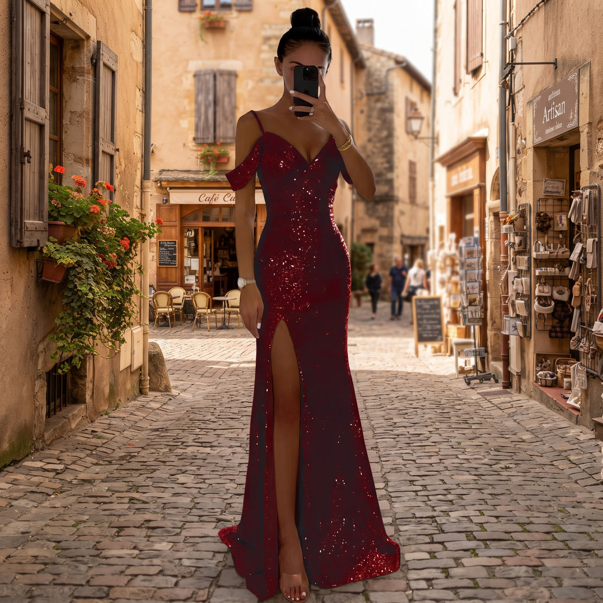 Elegant Off-Shoulder High Slit Maxi Dress