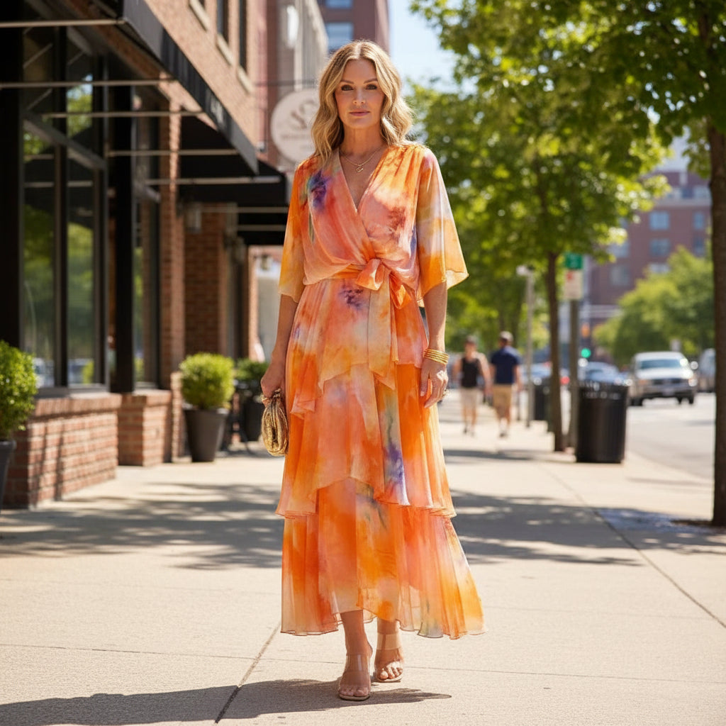 Tie-Waist Maxi Dress with Flutter Sleeves