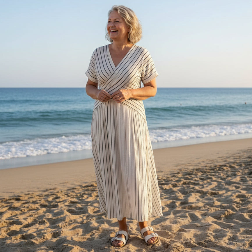 Striped Midi Dress With Cross Waist and V-Neck