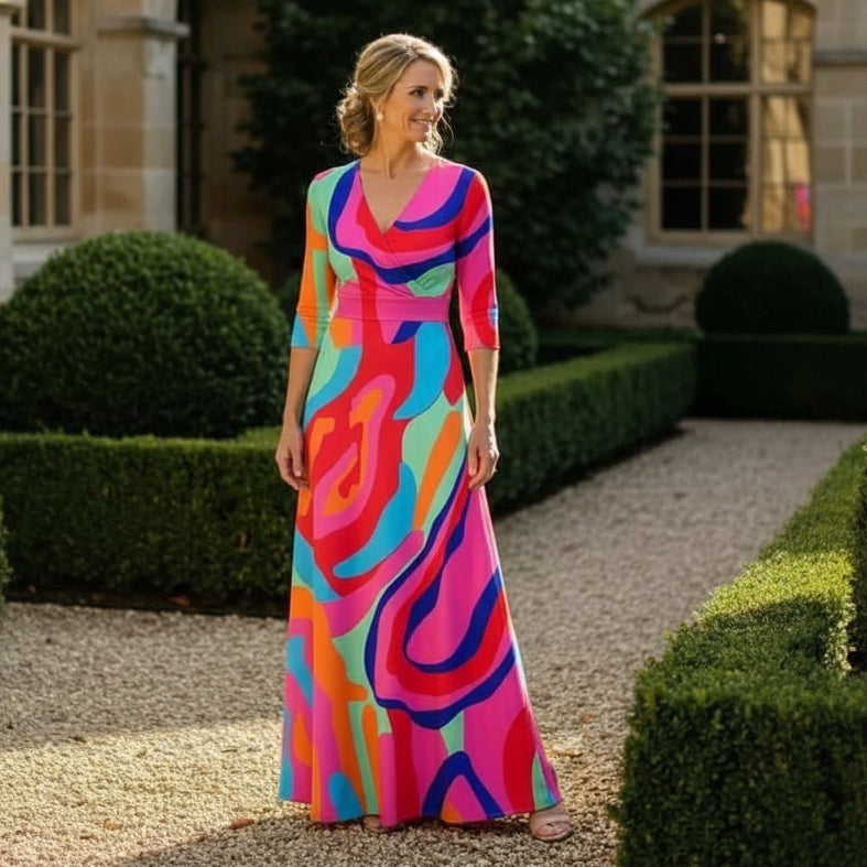 Abstract Print V Neck Maxi Dress