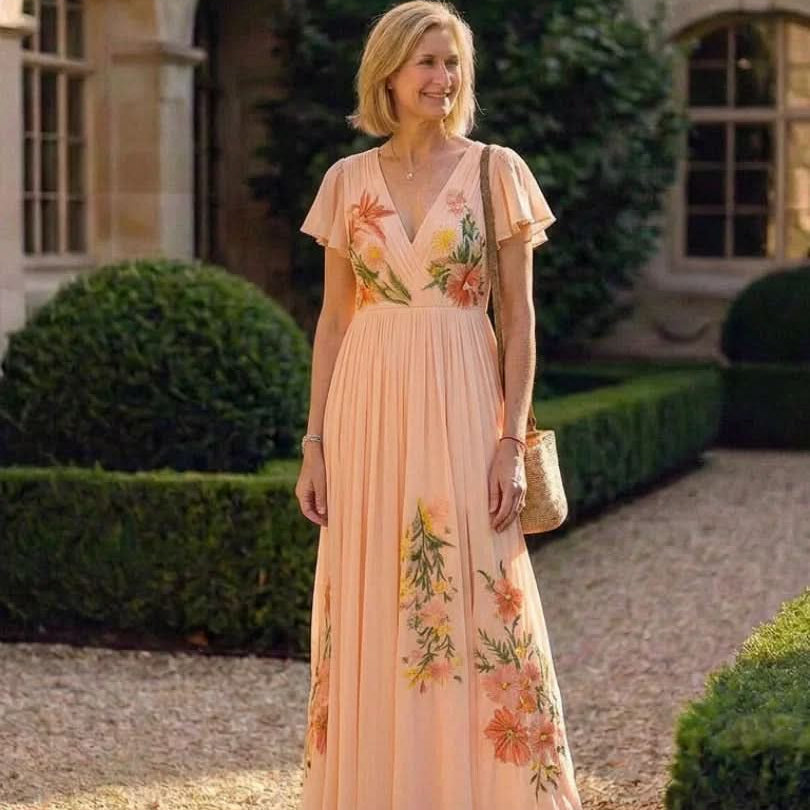 V-Neck Pleated Maxi Dress in Floral Print