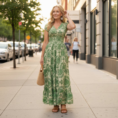 Printed Maxi Dress with Defined Waist and V-Neck