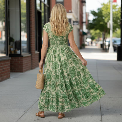 Printed Maxi Dress with Defined Waist and V-Neck