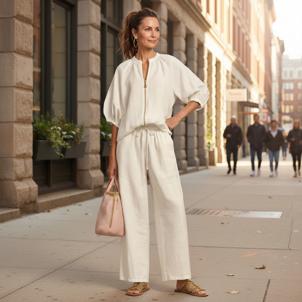 Wide-Leg Two-Piece Set with Zip Neckline