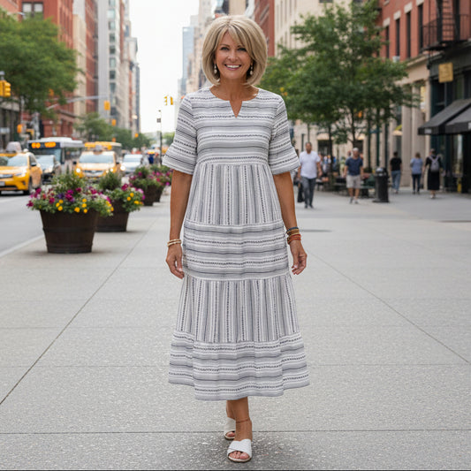 Striped Tiered Midi With Short Sleeves