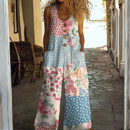 Vintage Floral Patchwork Wide Leg Jumpsuit Casual Chic