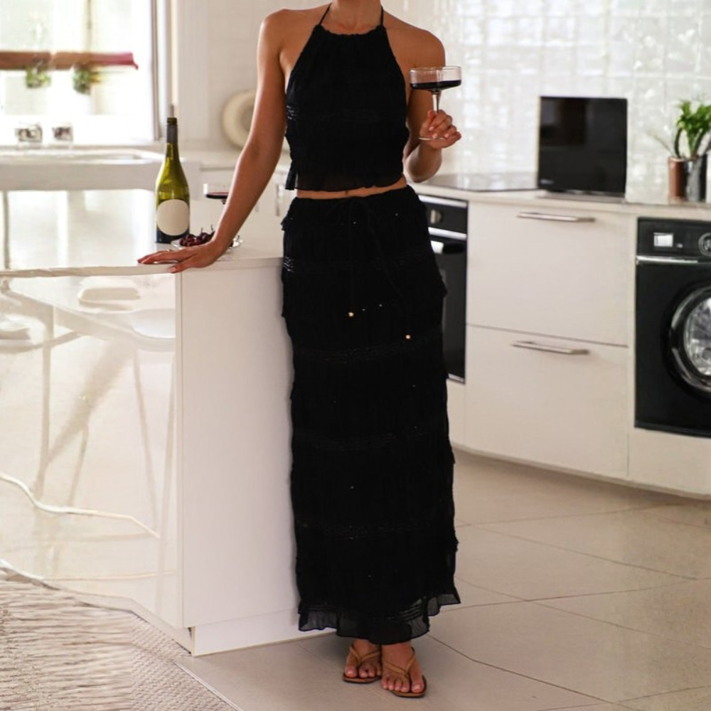 Airy Halter Top Skirt Outfit