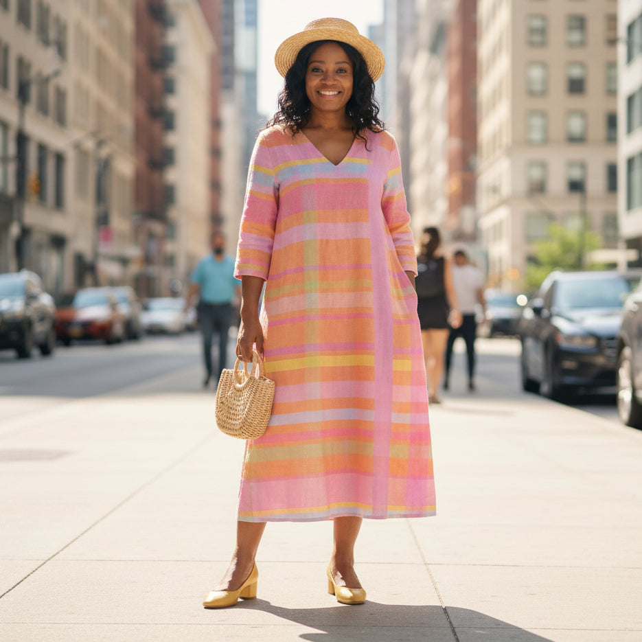 Relaxed Stripe Midi Dress with V-Neck
