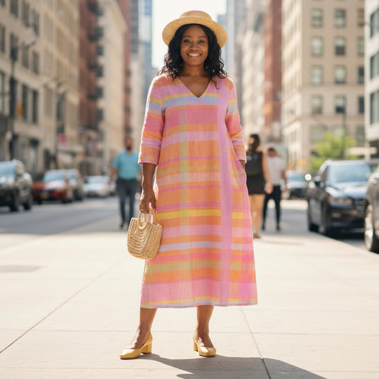Relaxed Stripe Midi Dress with V-Neck