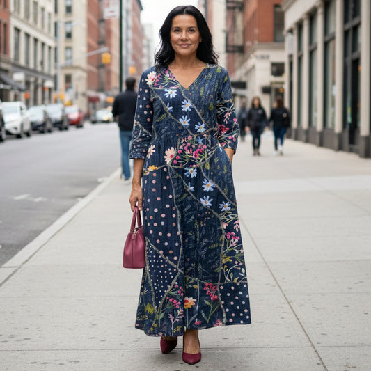 Gathered Floral Midi Dress With Long Sleeves