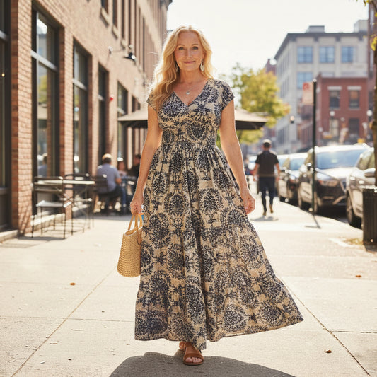 Printed Maxi Dress with Defined Waist and V-Neck