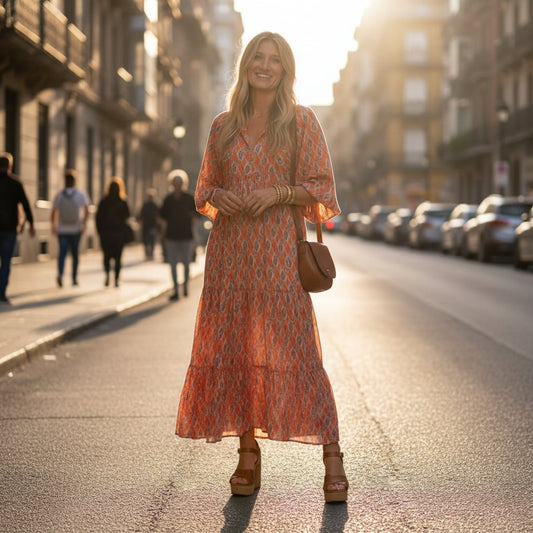 Relaxed Geometric V-Neck Midi Dress