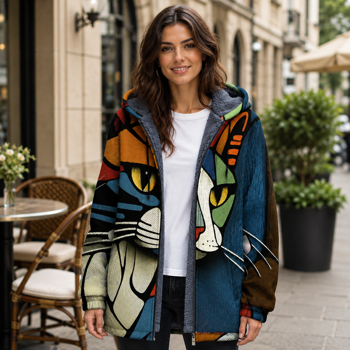 Printed Hooded Full Zip Casual Jacket