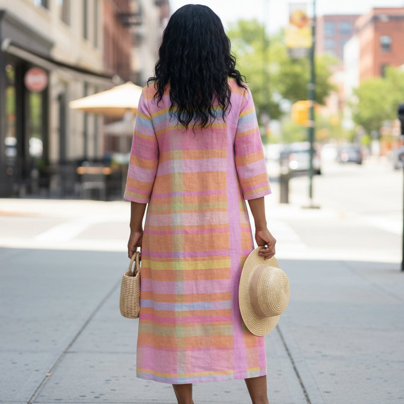 Relaxed Stripe Midi Dress with V-Neck