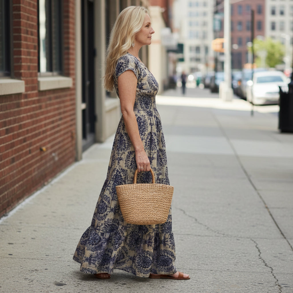 Printed Maxi Dress with Defined Waist and V-Neck