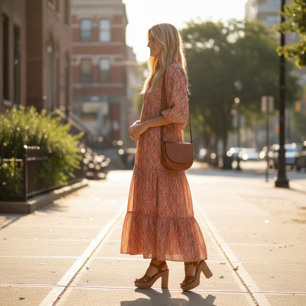Relaxed Geometric V-Neck Midi Dress