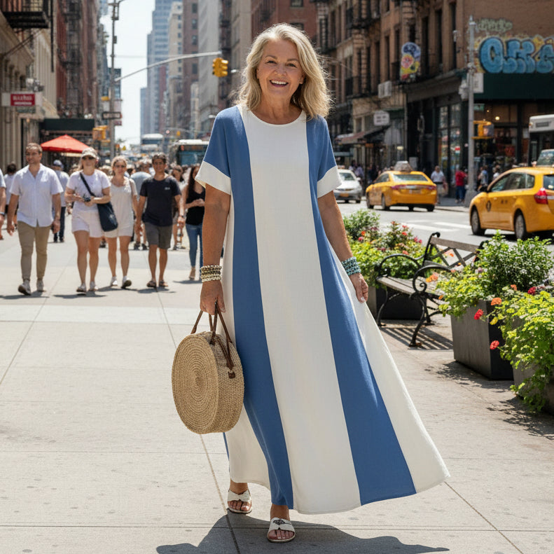Colorblock Maxi Dress with Short Sleeves