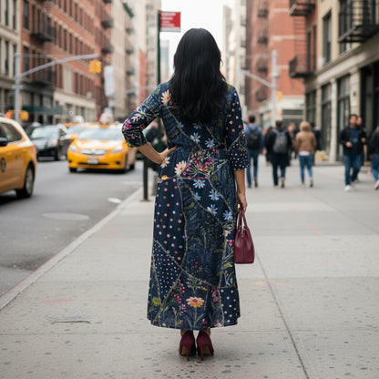 Gathered Floral Midi Dress With Long Sleeves