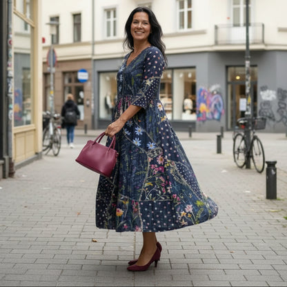 Gathered Floral Midi Dress With Long Sleeves