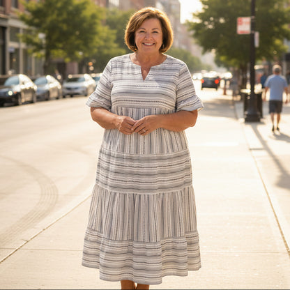 Striped Tiered Midi With Short Sleeves