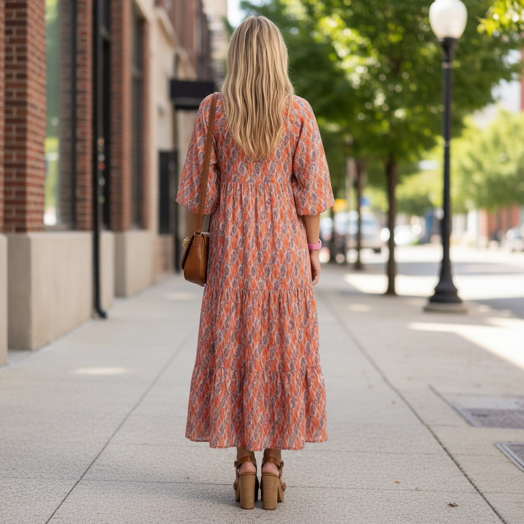 Relaxed Geometric V-Neck Midi Dress