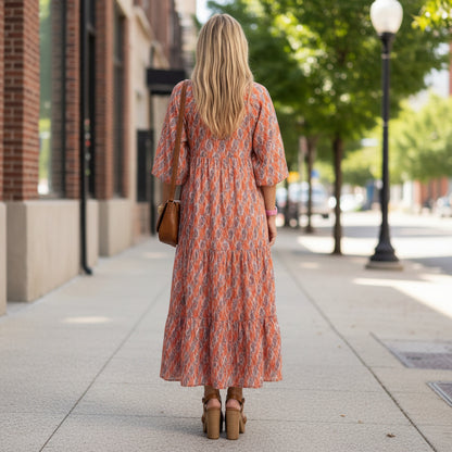 Relaxed Geometric V-Neck Midi Dress