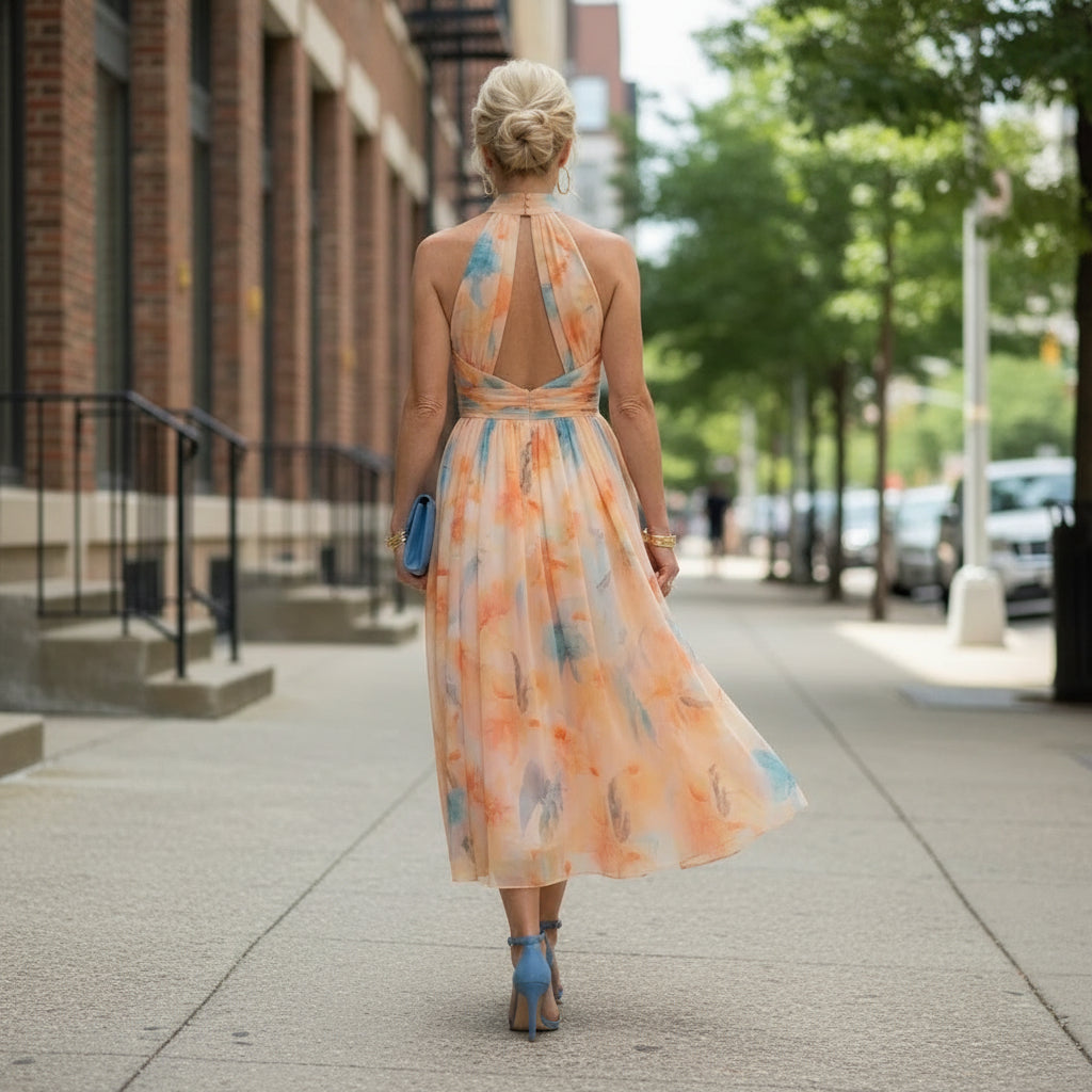 Gathered Halter Midi Dress in Airy Fabric