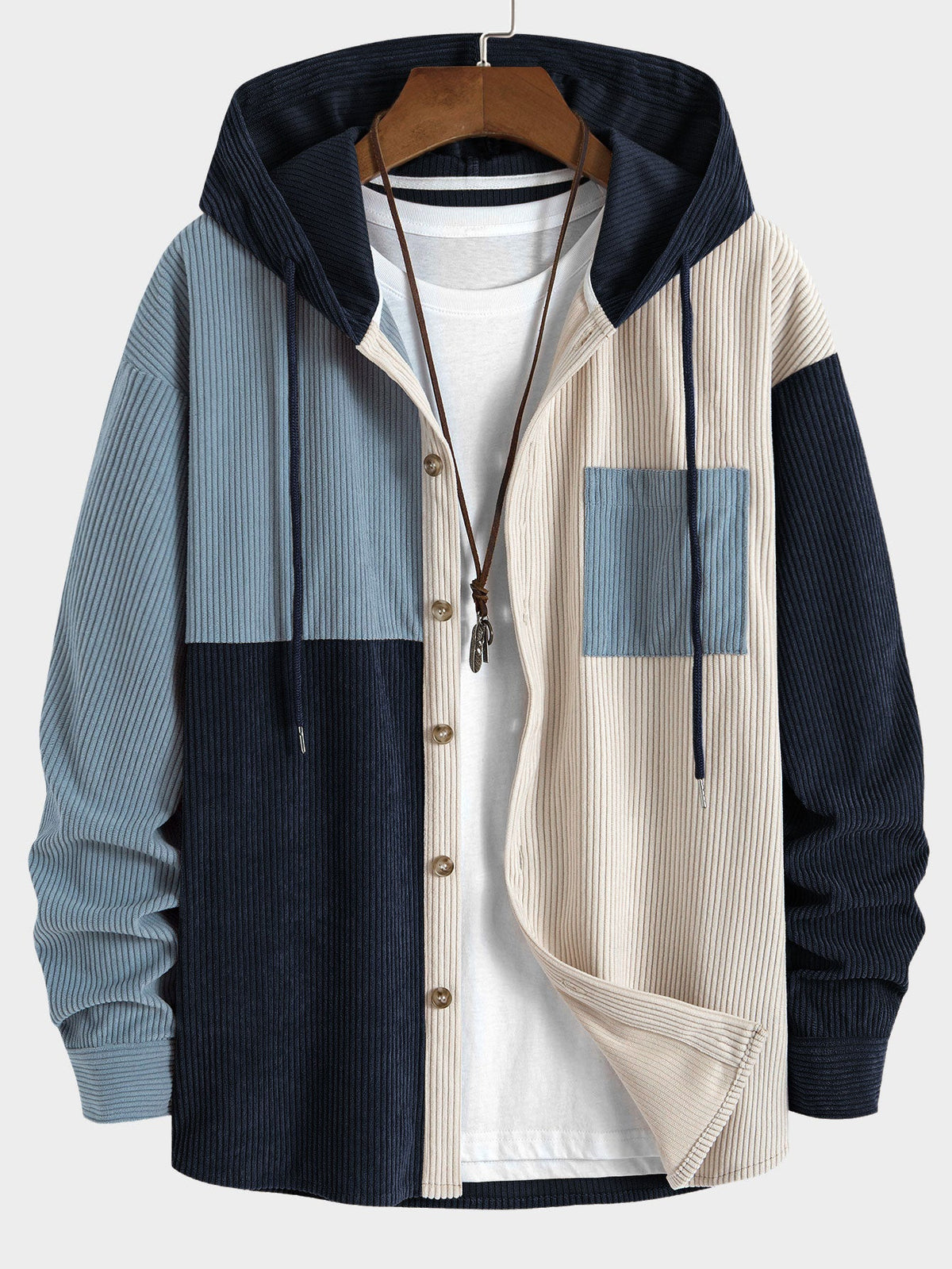 Patchwork Hooded Button Front Casual Jacket