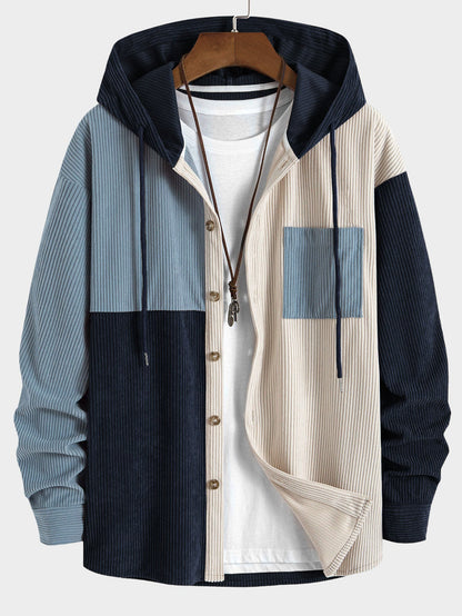 Patchwork Hooded Button Front Casual Jacket
