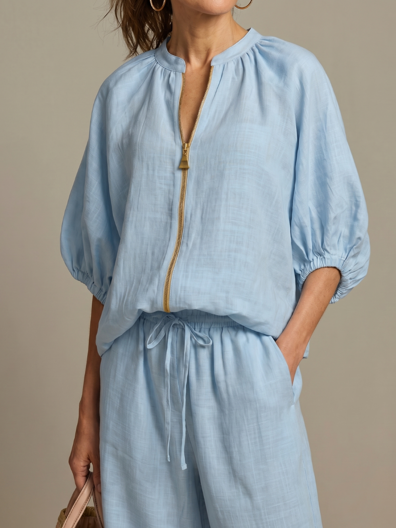 Wide-Leg Two-Piece Set with Zip Neckline