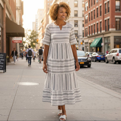 Striped Tiered Midi With Short Sleeves