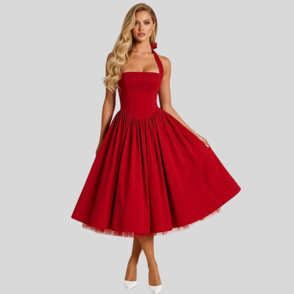 Vintage Halter Flared Midi Dress