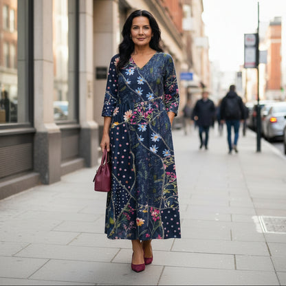 Gathered Floral Midi Dress With Long Sleeves