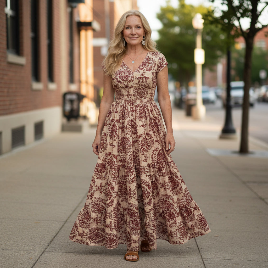 Printed Maxi Dress with Defined Waist and V-Neck