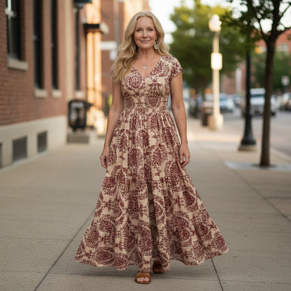 Printed Maxi Dress with Defined Waist and V-Neck