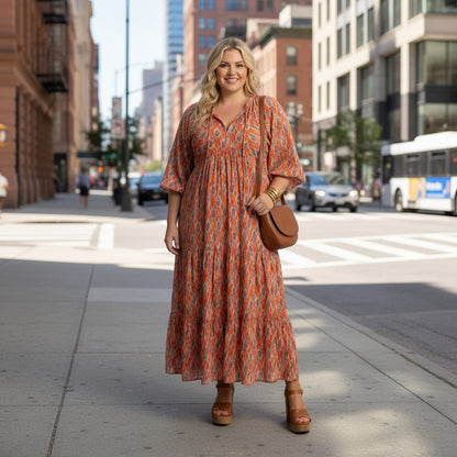 Relaxed Geometric V-Neck Midi Dress