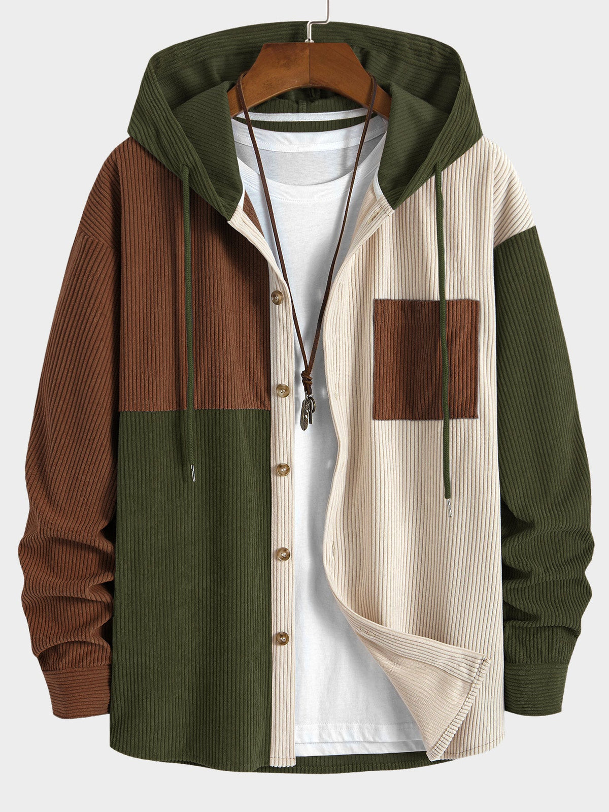 Patchwork Hooded Button Front Casual Jacket