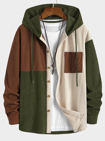 Patchwork Hooded Button Front Casual Jacket