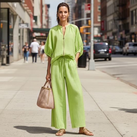 Wide-Leg Two-Piece Set with Zip Neckline