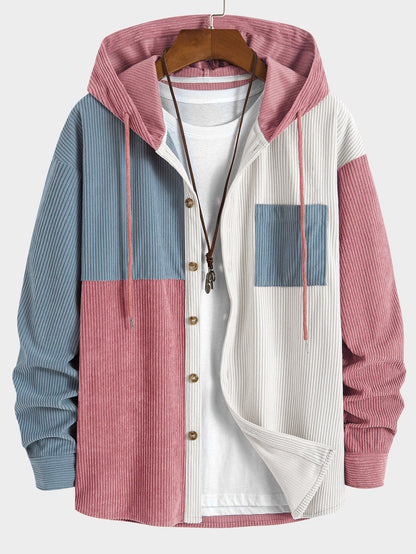 Patchwork Hooded Button Front Casual Jacket