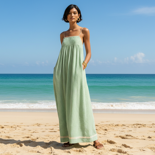 Thin-Strap Maxi Dress With Color-Block Hem